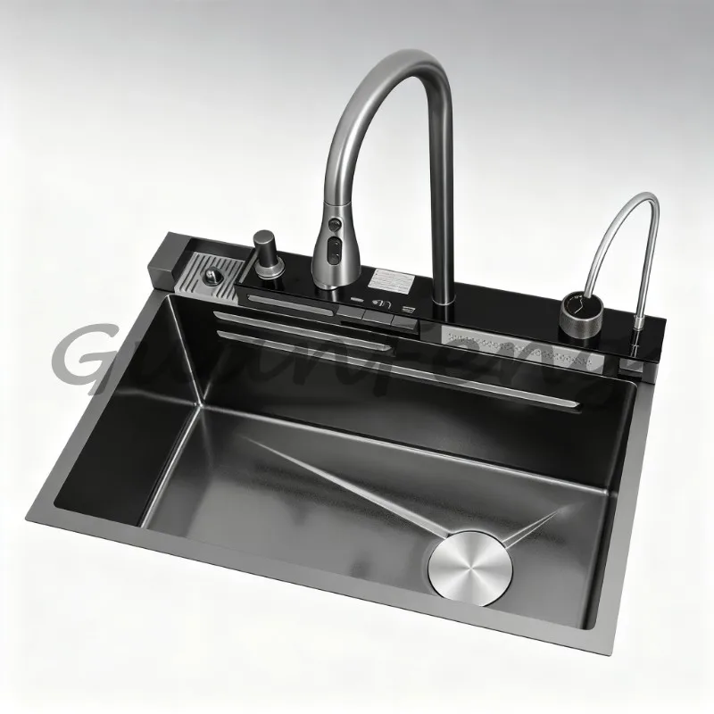 Anti-Scratch Handmade Stainless Steel Double Waterfall Kitchen Workstation Sink Multi Function Digital Kitchen Sink