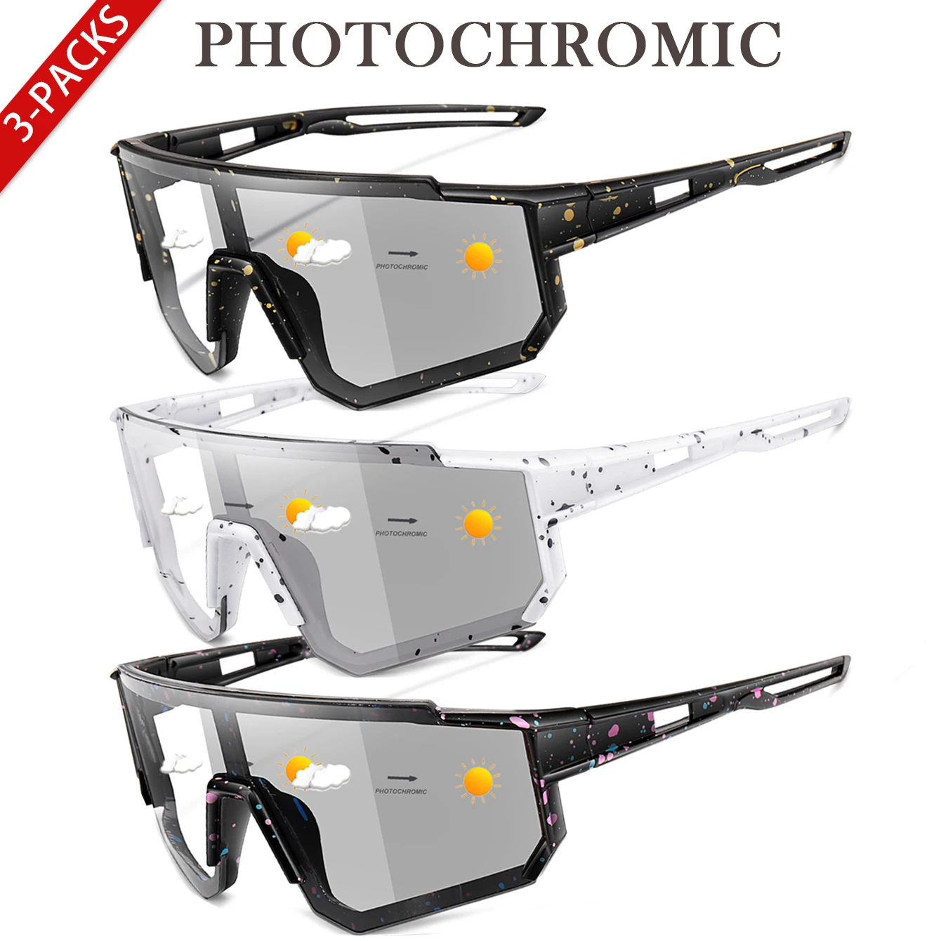 3 Paar photochrome Mode-Sonnenbrillen für Herren und Damen, klassische winddichte Brillen mit Outdoor-Sport, Angeln, Baseball