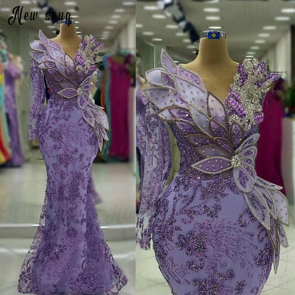 Arabic Customized Lilac Long Evening Dress Crystal Leaf Mermaid Sparkly Wedding Party Dress Women Engagement Event Dinner Gowns