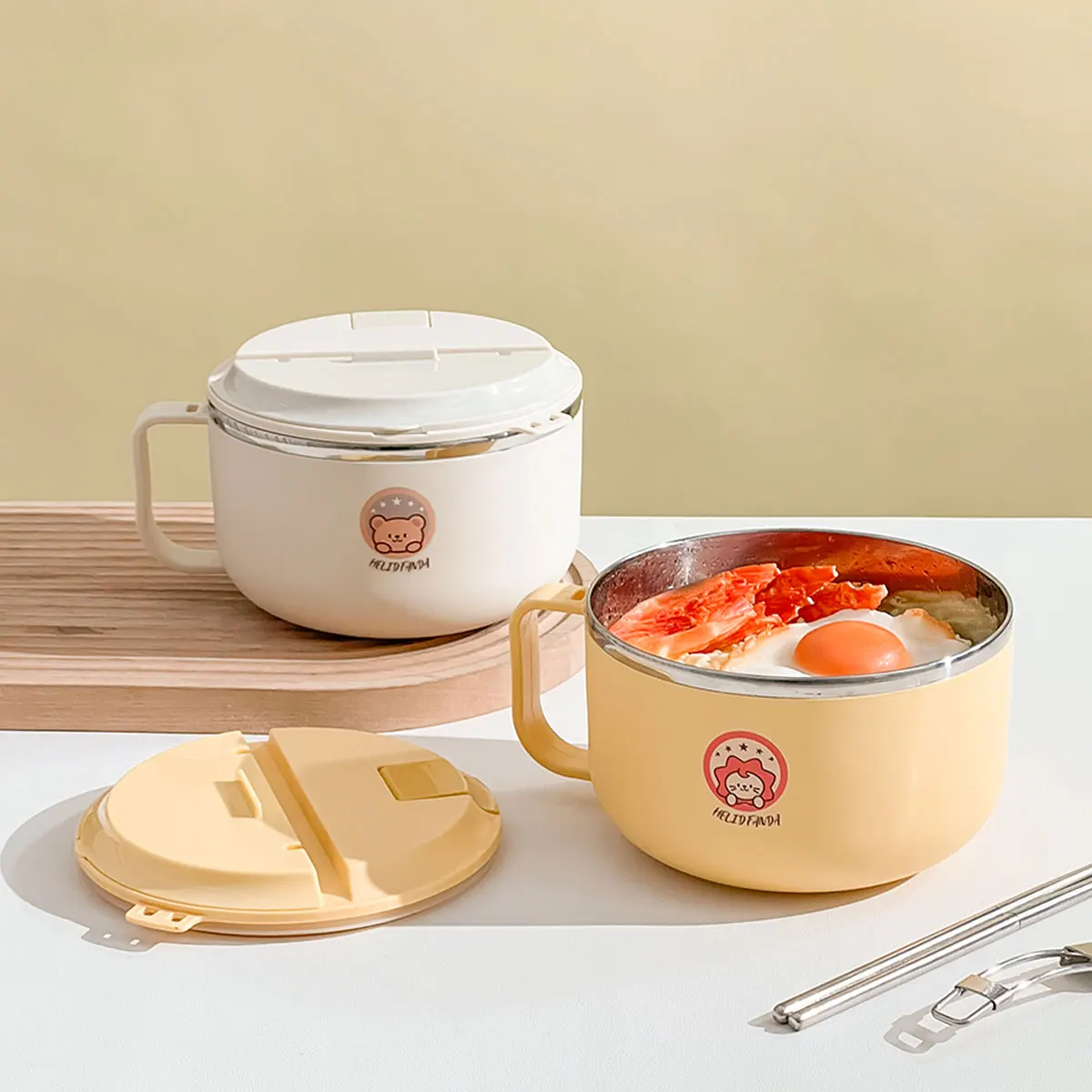 

Портативная миска для лапши быстрого приготовления, ланч-бокс Bento из нержавеющей стали 304, с ручкой и столовыми приборами, противоожоговой контейнер для еды для студентов