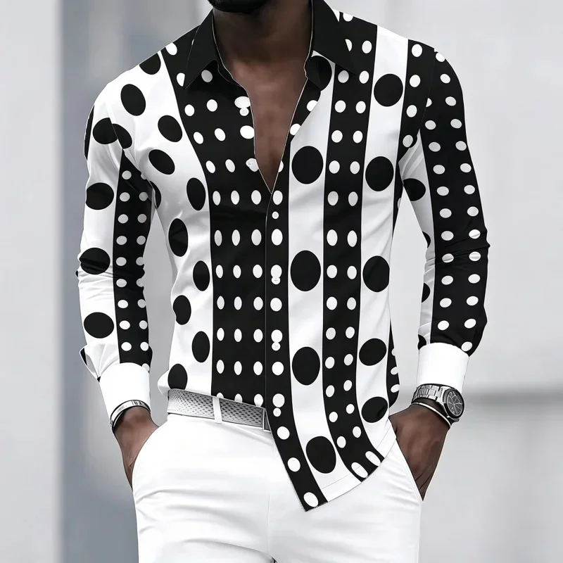 2026 New Men's Lapel Long-Sleeve Shirt, Black and White Vertical Stripe Polka Dot Color Block Print Casual Shirt,