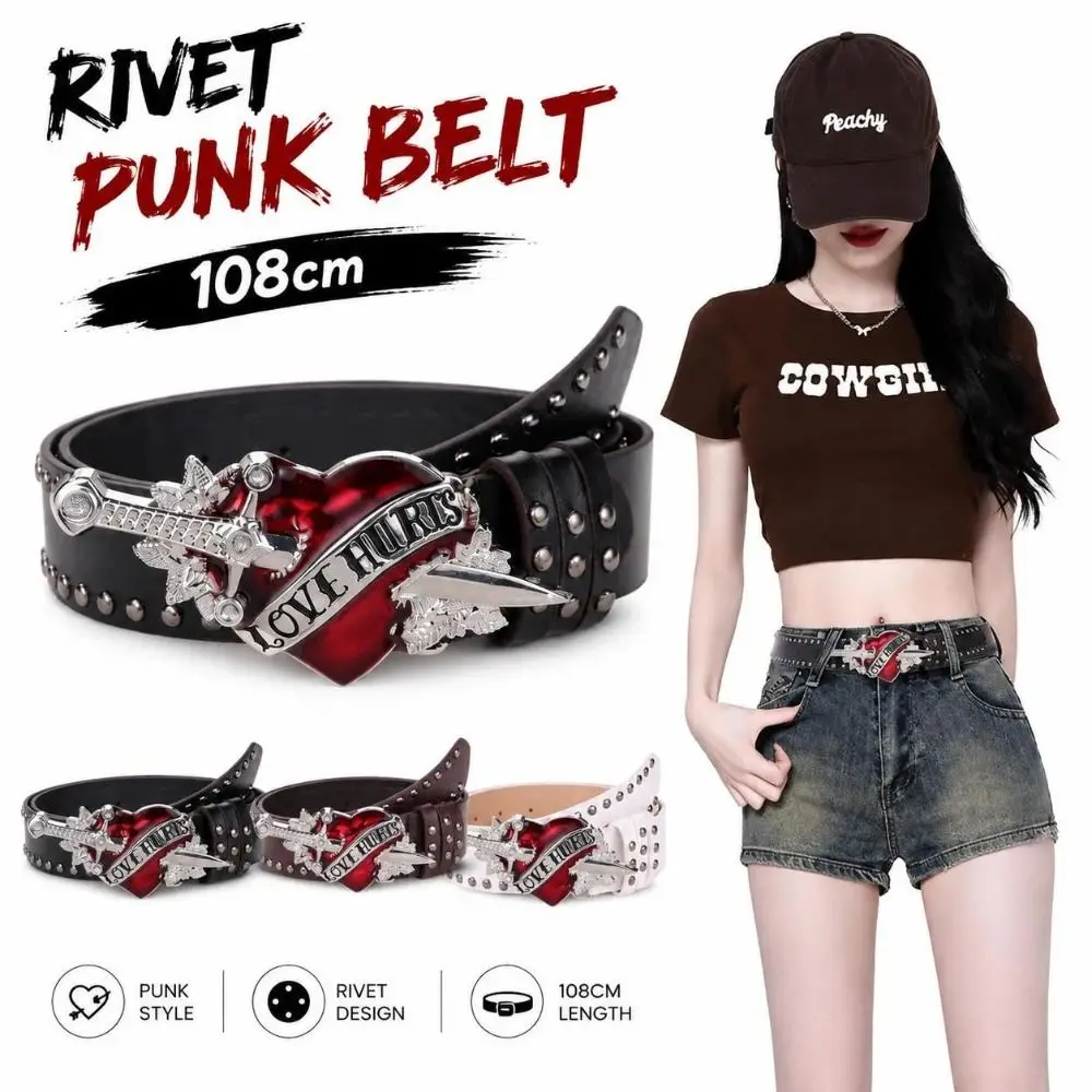 1Pcs New Leather Sword Belt Red Heart Adjustable Buckle Punk Belt Sword Design Rivet Belt for Women Unisex