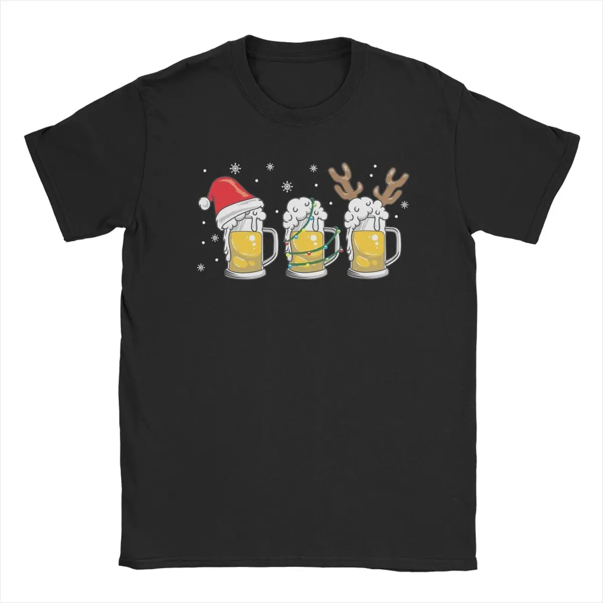 Christmas Beer Mugs Reinbeer Santa Hat Xmas Men T Shirt Fashion Tees Short Sleeve Crew Neck T-Shirts Pure Cotton Gift Idea Tops