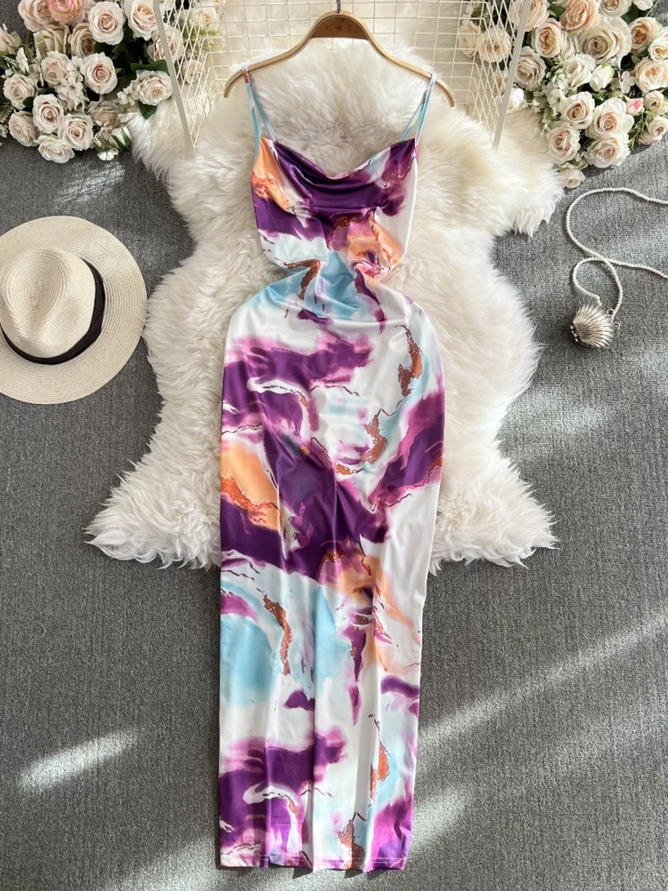 Foamlina Summer Dress Women 2024 New Fashion Tie Dye Print Sleeveless Bodycon Long Dress Backless Split Evening Party Maxi Dress