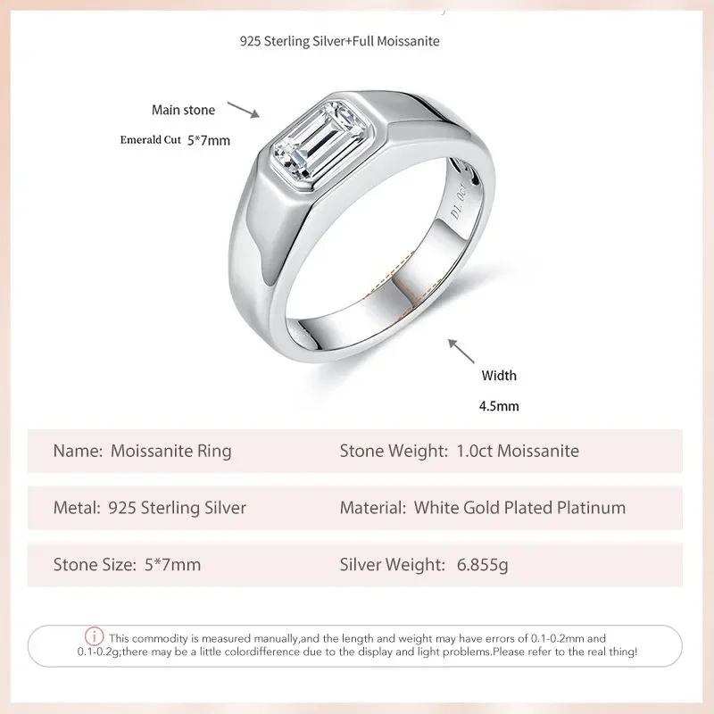 Follow Cloud 5*7mm 1.0ct Emerald Cut Moissanite Diamond Engagement Ring for Men 925 Sterling Silver Plated 18K Gold Wedding Band