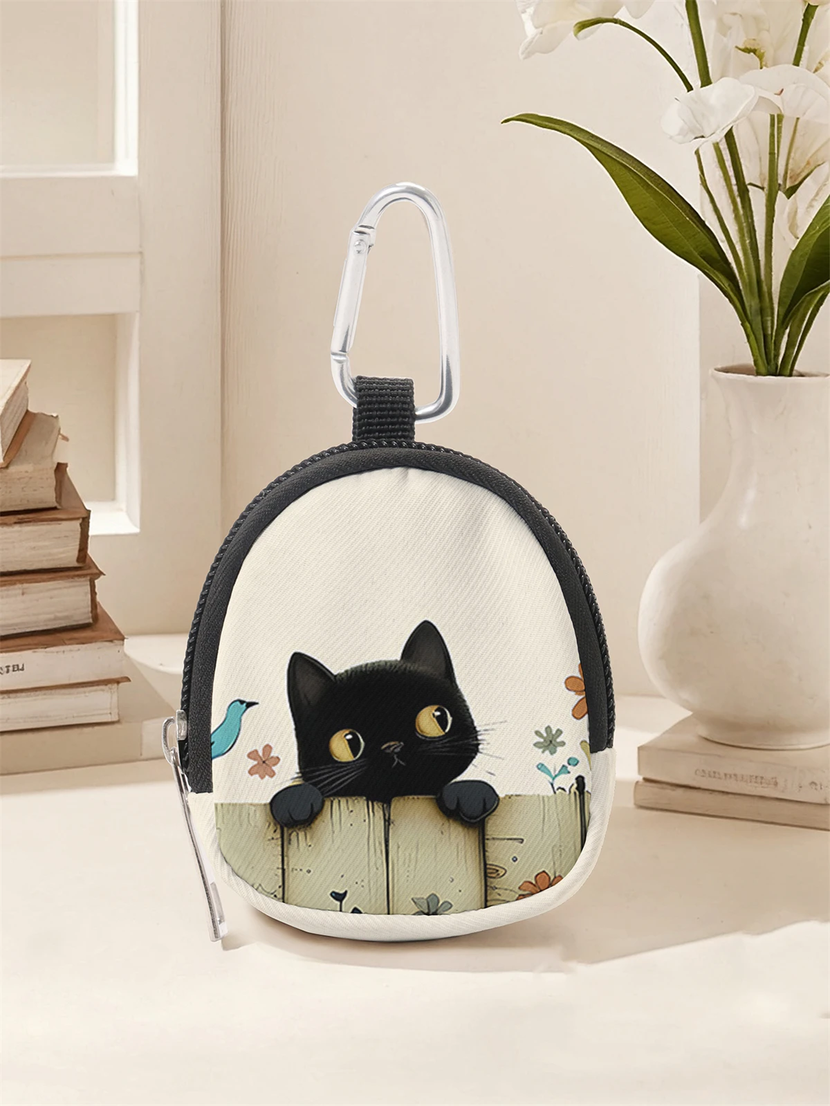 محفظة صغيرة مطبوعة بنمط قطة سوداء، حقيبة تغيير بسحاب مع مشبك خطاف، حقيبة مفاتيح لسماعات الرأس، مناسبة للرجال والنساء #1