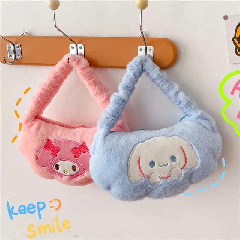 New Kuromi My Melody Cinnamoroll Pochacco Hello Kitty Bag For Women Plush One Shoulder Underarm Moon Bag Cute Girls Mini Handbag