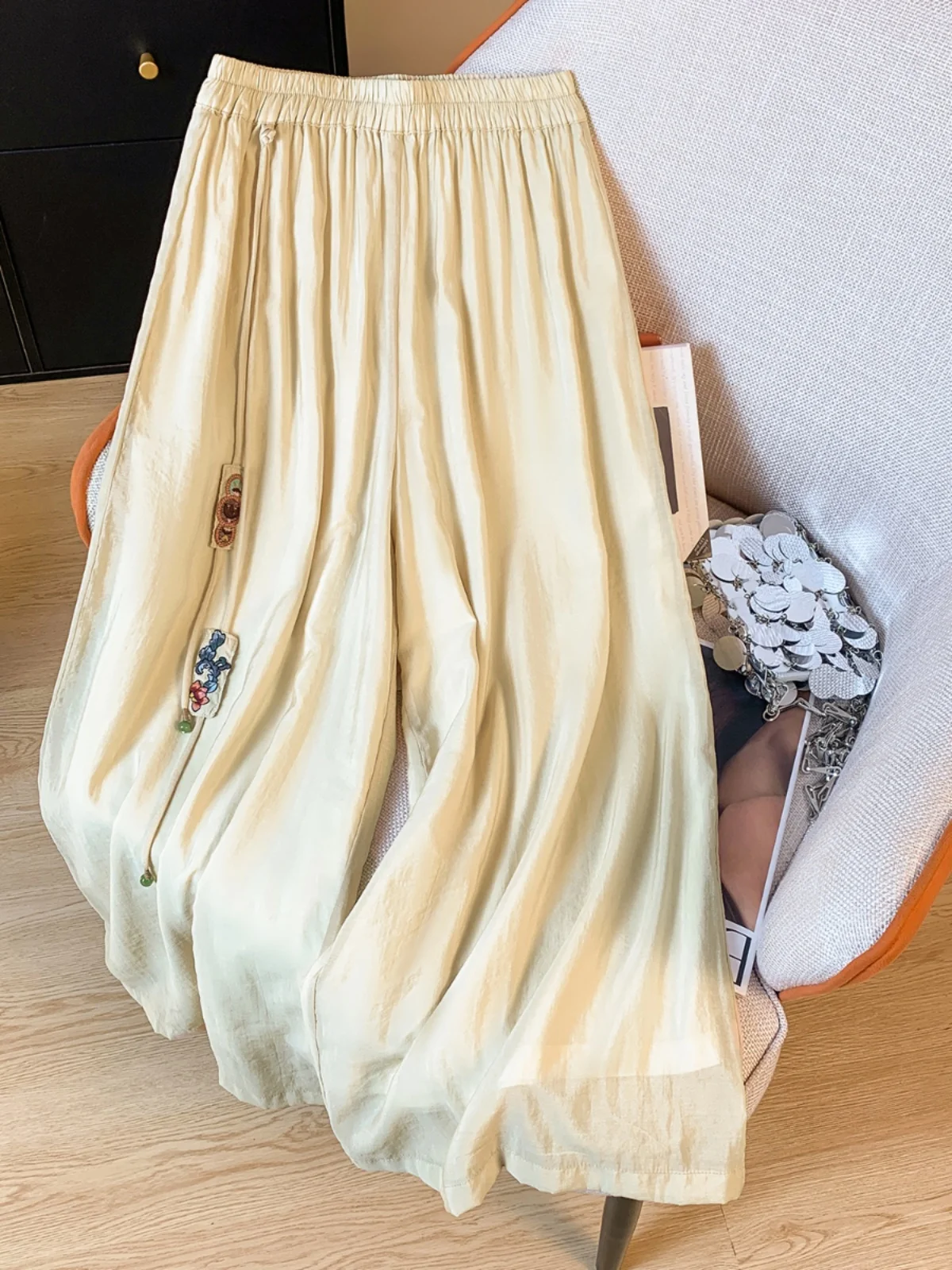 

Retro Chinese Sle High Waist Wide Leg Pants Skirt Women Summer Thin Dra New Sle Wide Leg Casual Pants with ket