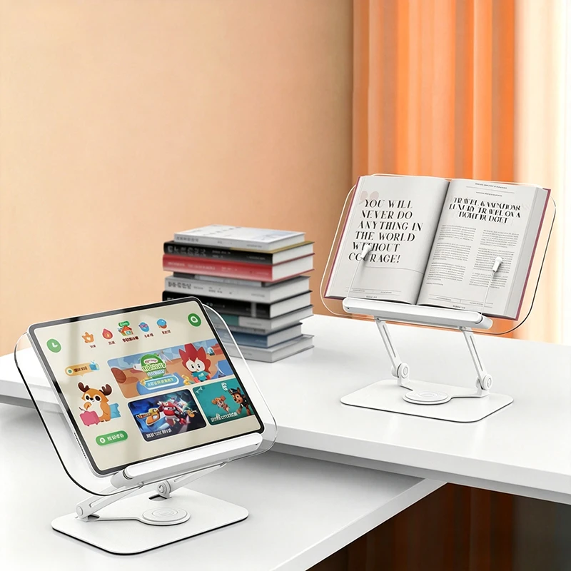 360° Rotatable Foldable Desktop Book Stand, Reading Holder with Elastic Page Clips for Books Tablets Home Office School