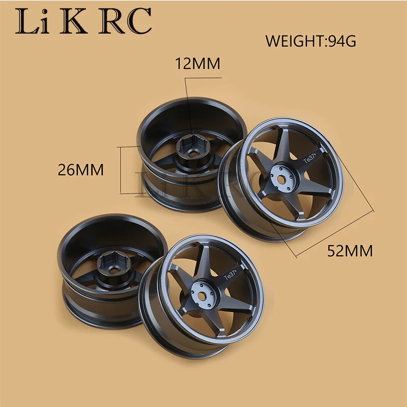 4pcs 52mm 1/10 RC On-Road Drift Racing Car Metal Wheel Rim Wheel Hubs TE37 for Tamiya Kyosho HSP HPI Sakura Traxxas RedCat