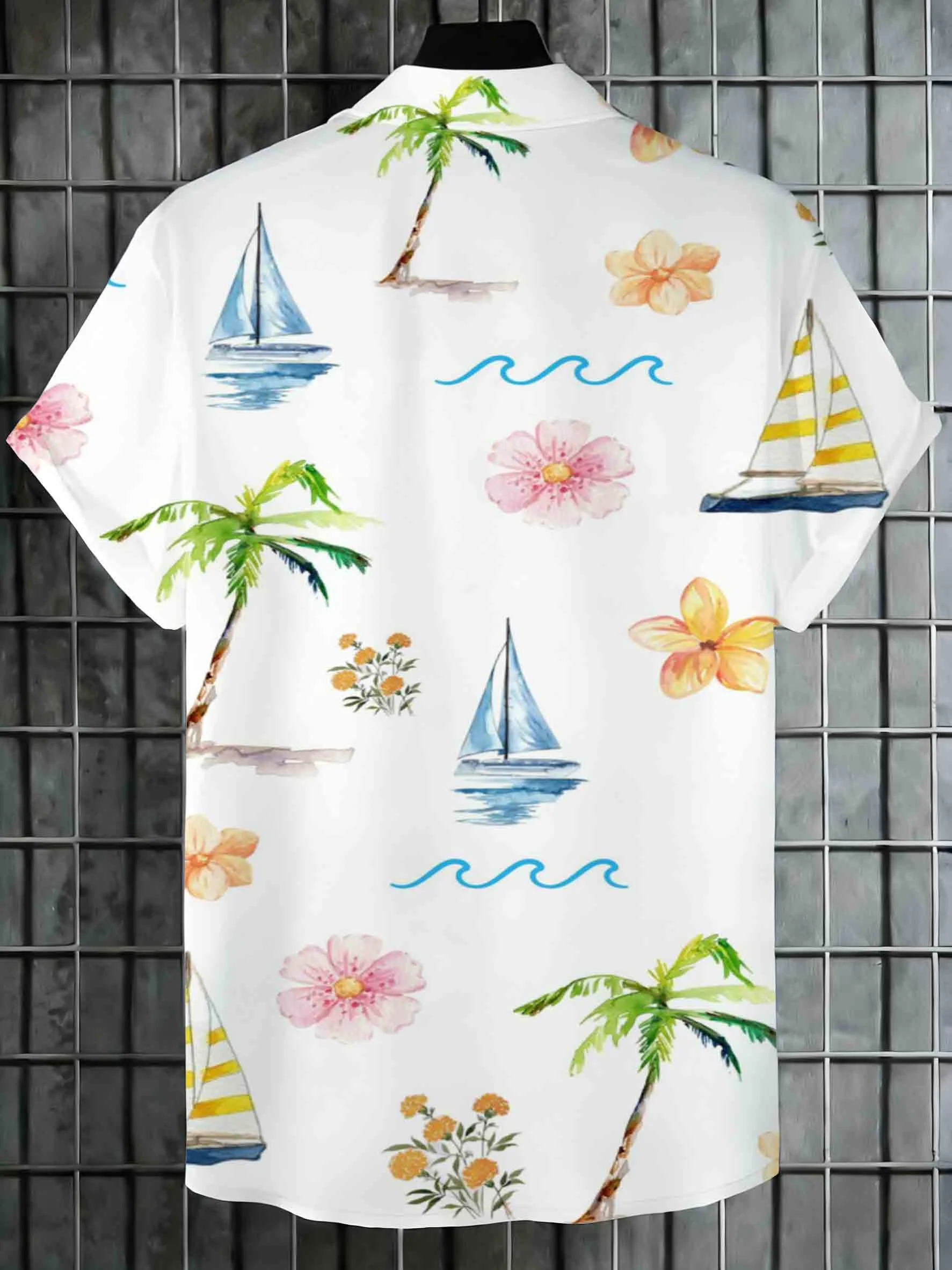Men Watercolor Plumeria Sailboat Wave Fresh Vacation Collar Short Sleeve Shirt