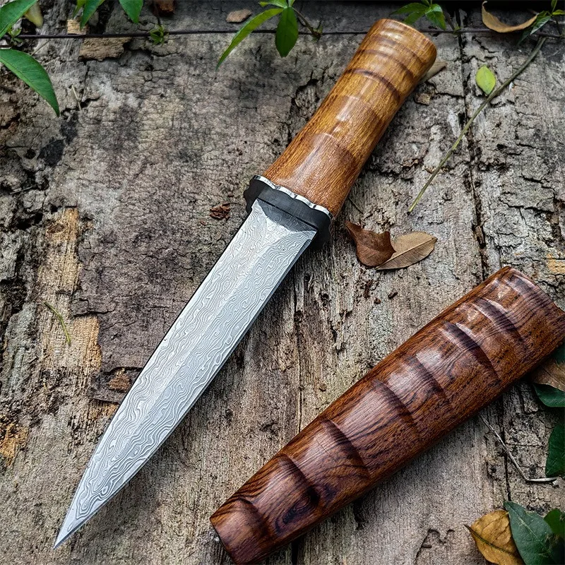 

Нож для выживания в бамбуковом стиле с дамасским лезвием и деревянной ручкой, тактический нож для охоты на открытом воздухе, нож для коллекции EDC с подарочной коробкой