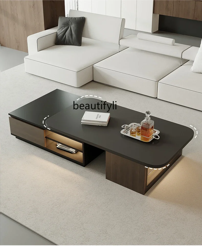 

Italian solid wood retractable coffee table TV cabinet living room household glass storage table