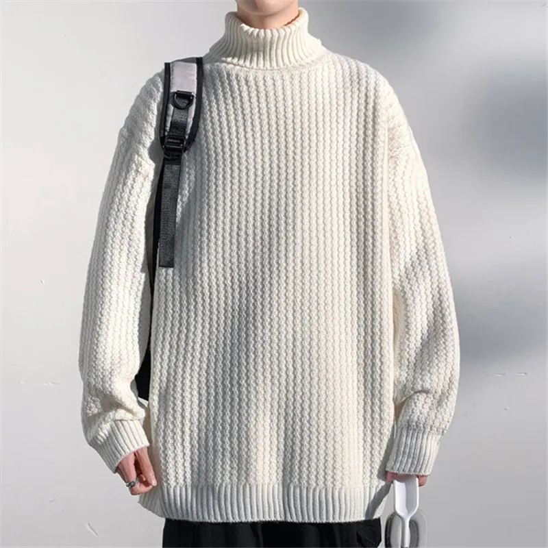 

Autumn Winter Mens Casual Turtleneck Pullovers Loose Knitted Sweater Men Solid Color Warm Turtleneck Sweater Fashion Streetwear