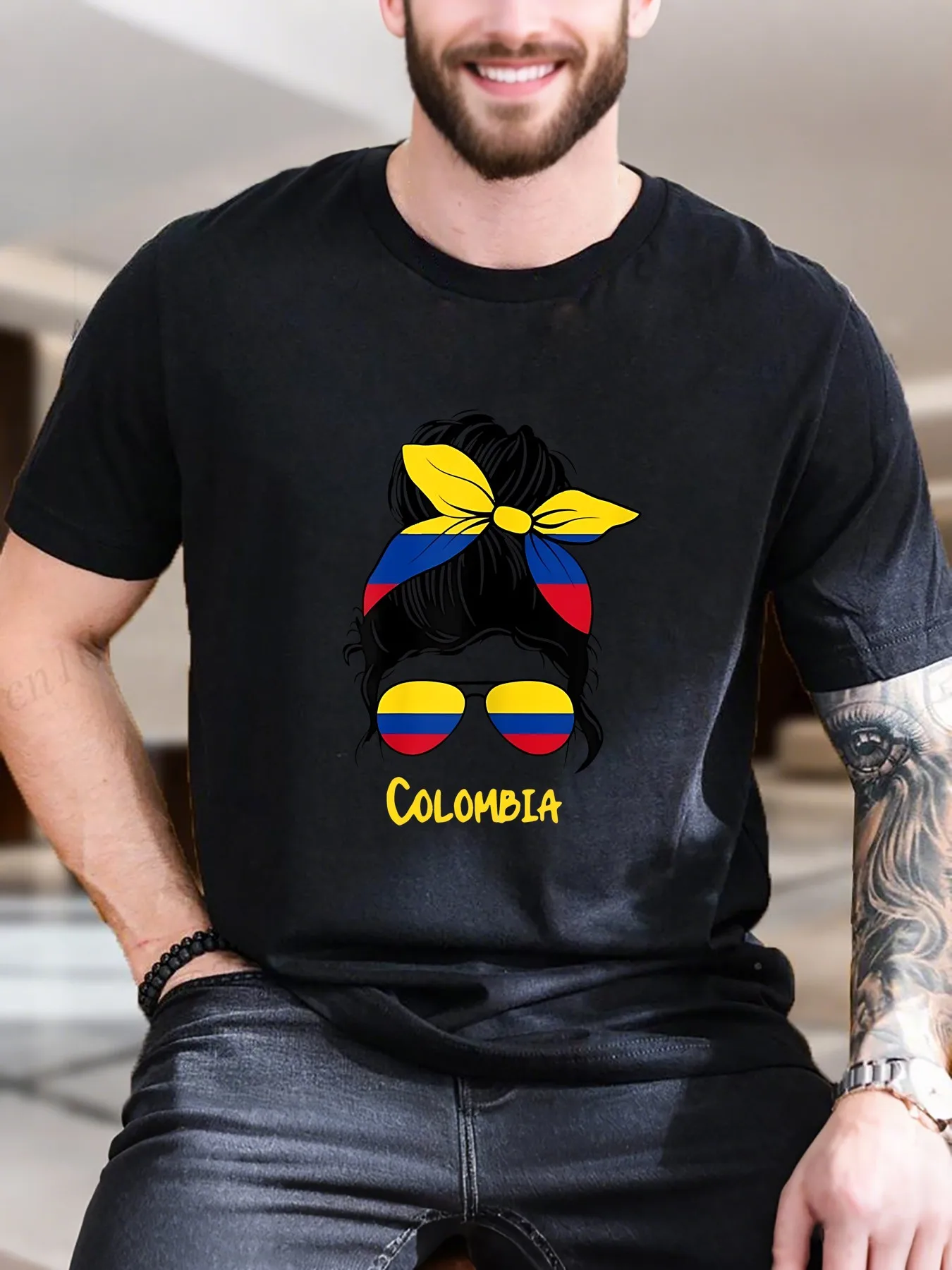 

New Arrival Fashion Men's Printed Short Sleeve T-Shirt Stylish Colombia Woman with Bow Sunglasses Design 100% Cotton Breathable