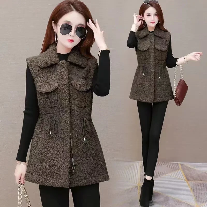

New Autumn Winter Mid length Imitation Fur Fleec Velvet Vest Jackets Women's Korean Casual Sleeveless Warm Female Waistcoat