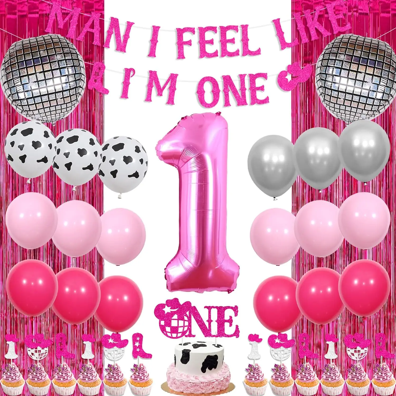 

Disco Cowgirl 1st Birthday Man I Feel Like I'm One First Birthday Party Decor Fuschia Balloon Cake Topper Banner Fringe Curtain