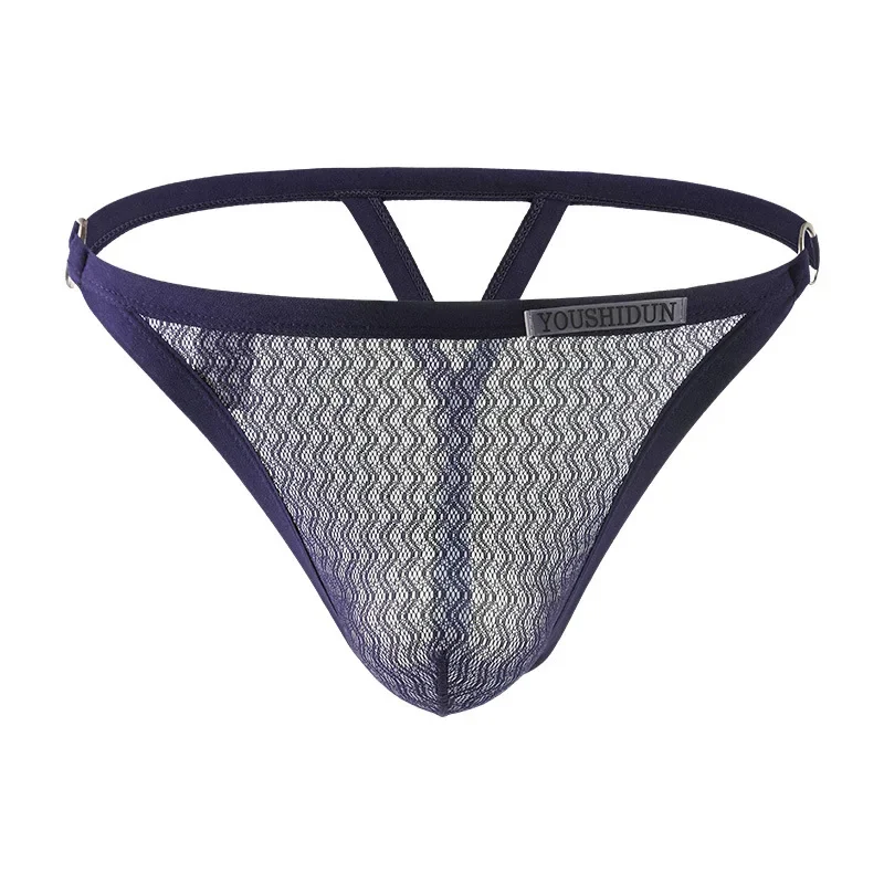 T-Back High Fork Thongs Sexy Mesh Solid Color Cool Breathable Large Pouch Hollow Men\'s  sexy Underwear