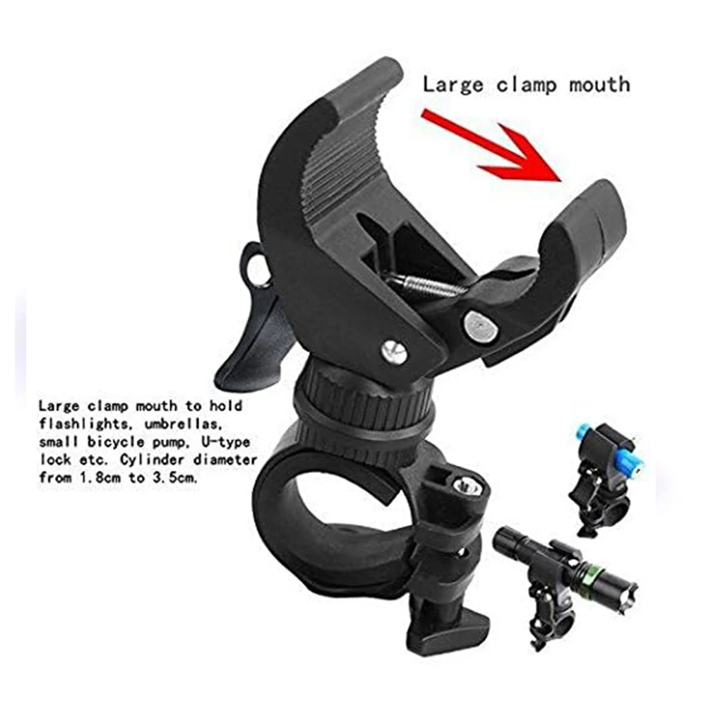 Uniwersalny uchwyt rowerowy na kierownicę z obrotem 90/360 stopni, mocowanie na latarkę LED, klips, wspornik, czarny, 1 szt.