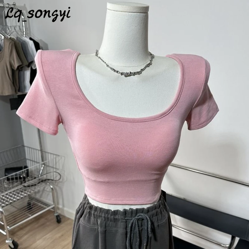 

Lq_songyi with Shoulder Pads ! Square Neck Tight T Shirts Short Sleeve Korean Pop Solid Crop Top Summer Women Short Slim T-shirt