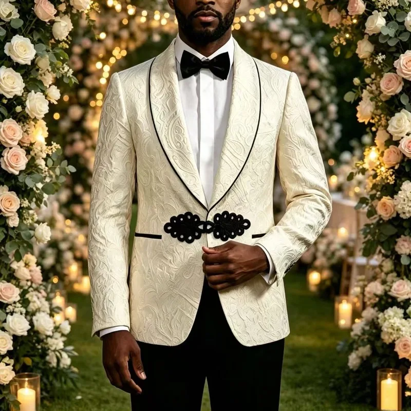 Men Slim Fit Formal Suits 2 Pieces Suit and Separates Floral Pattern Wedding Tuxedo with Frogs Groom Wedding Party Matching Suit