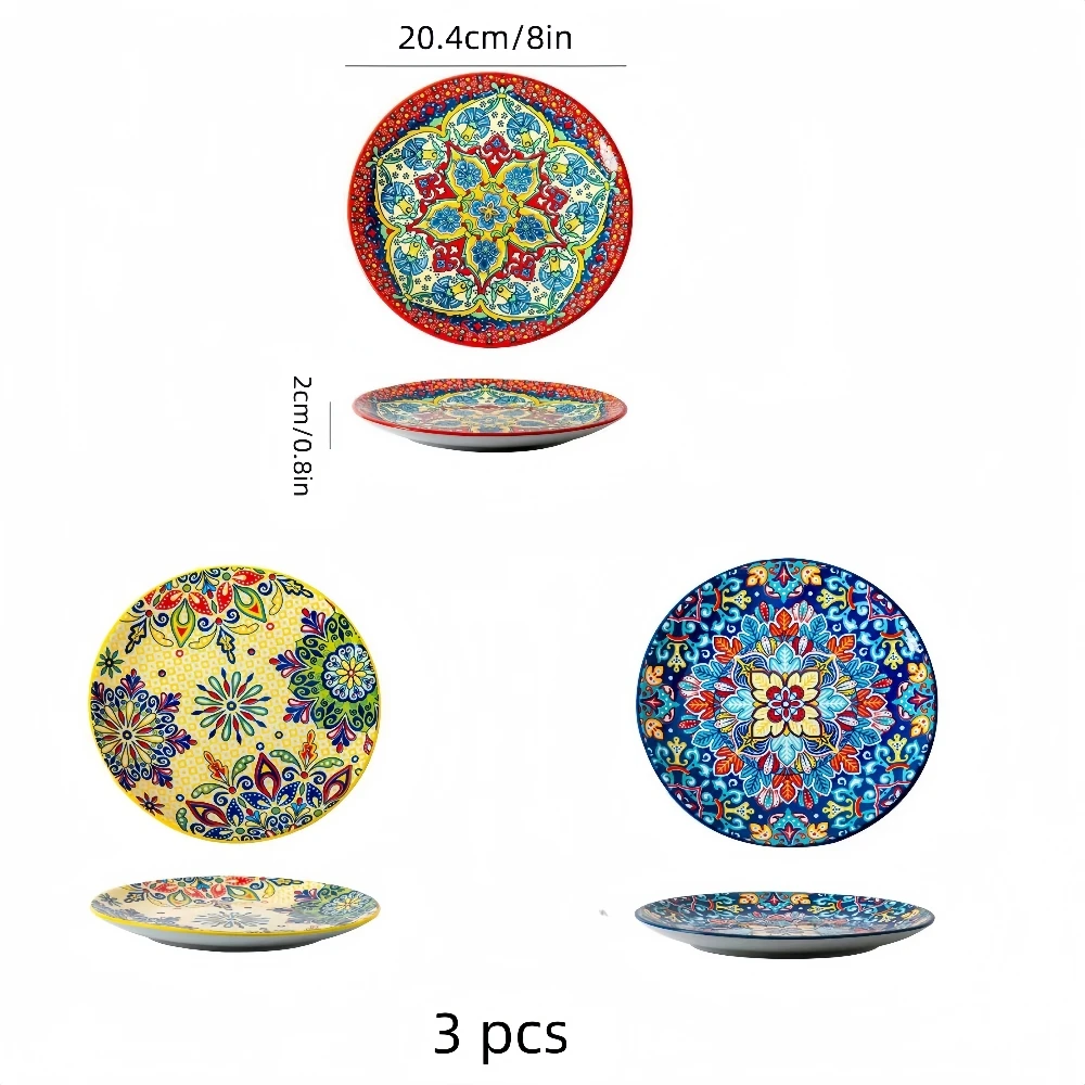 Hand-painted Bohemian Ceramic Plate Home Creative Western Food Plate Fruit Plate Low Side Round Plate Oven Microwave Safe to Use