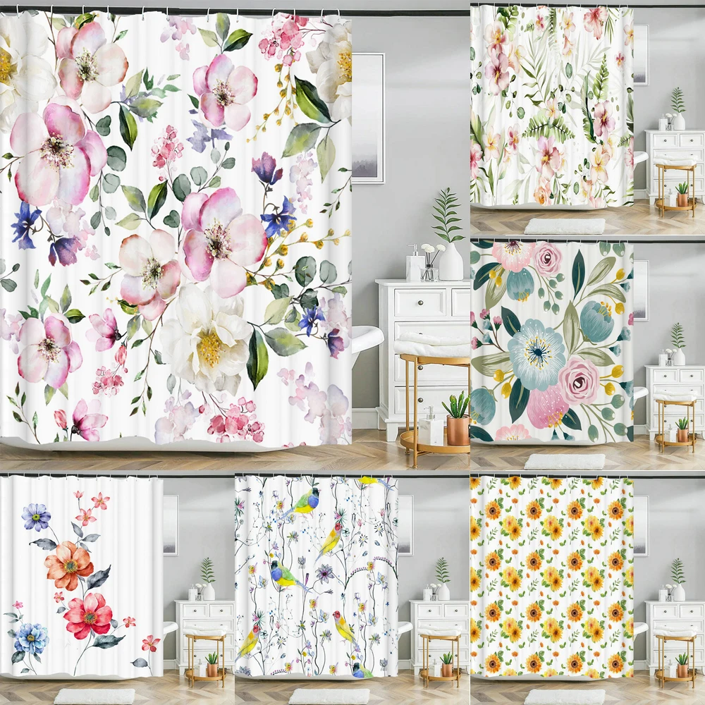 3D Colorful flowers leaves birds printing bathroom waterproof shower curtain with hooks home decoration polyester bath curtains