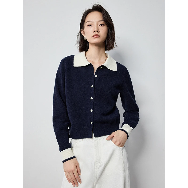 TOYOUTH Women Knitted Sweater 2024 Autumn Winter New Elegant Style Contrasting Color POLO Collar Single Breasted Button Cardigan