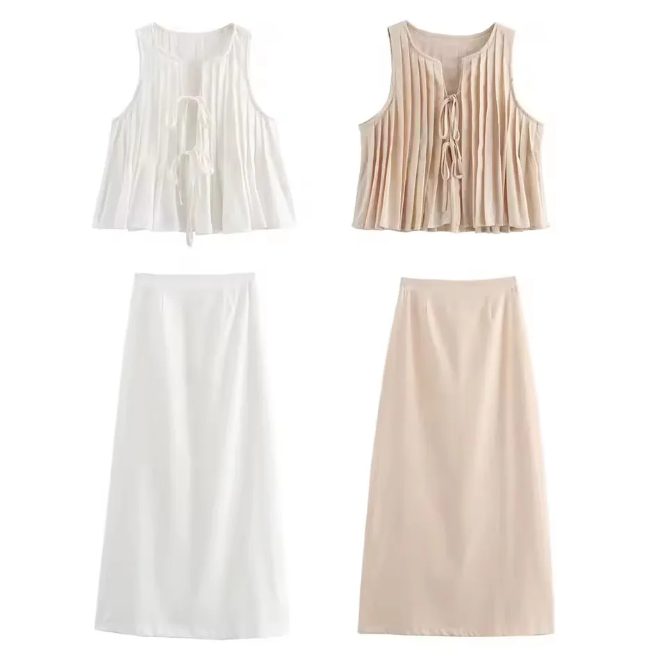 2025 Dress Women Fashion 2 Pieces Sets Solid Pleated Tops Vest and High Waist Midi Skirt Female Chic Lady Skirts Coordinates Set