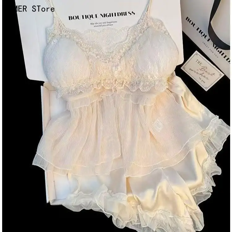 Women Summer New Ice Silk Pajama Set, Spaghetti Strap Camisole & Shorts 2 Pieces Sleepwear, Thin Smooth Home Loungewear