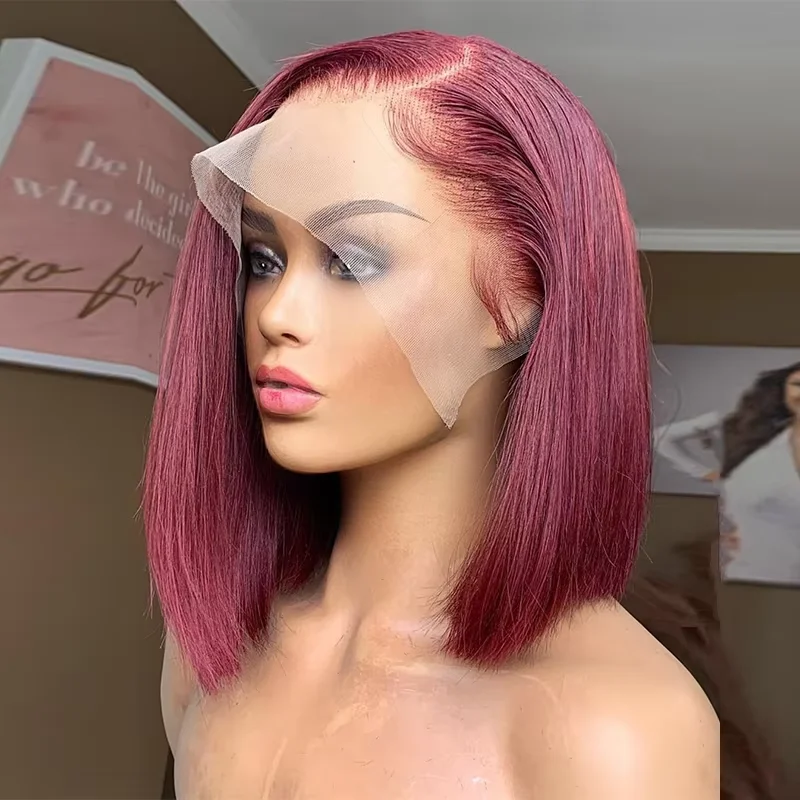 

99J Burgundy 8-14 Inch Wine Red Colored Human Hair Short Bob Wigs 13x4 Straight Lace Frontal Human Hair Wigs For Women
