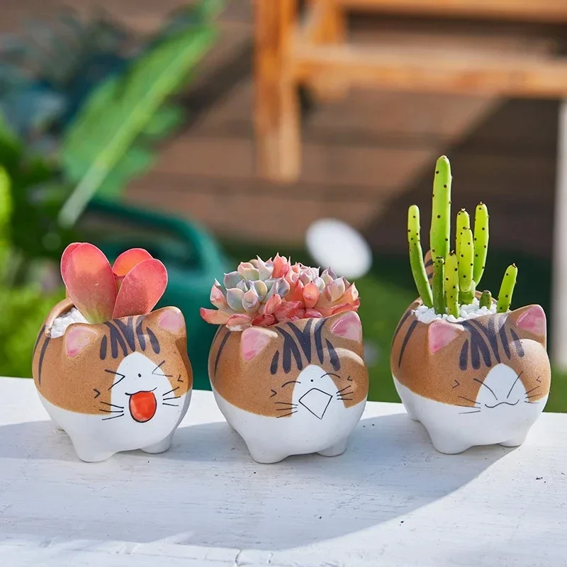 1PC Cartoon Ceramic Flowerpot Cute Mini Cat Flower Pot Creative Gift Succulent Plants Bonsai Cactus  Garden Desktop Decor Groot