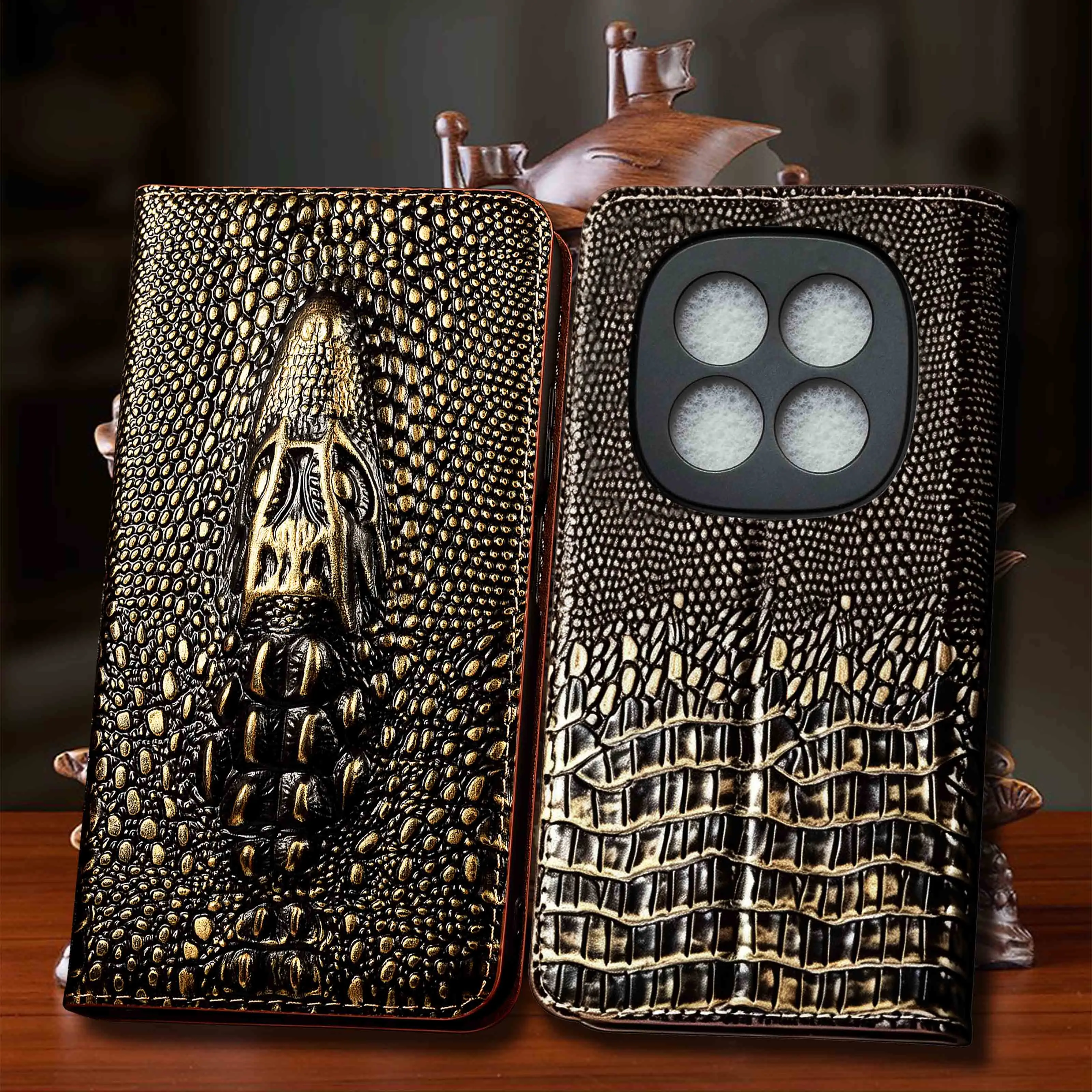 Genuine Leather Case For Redmi Note 10 10S 11 12 12S 13 14 14S 15 17 Pro Max Plus 4G 5G Turbo Crocodile Head Pattern Flip Case