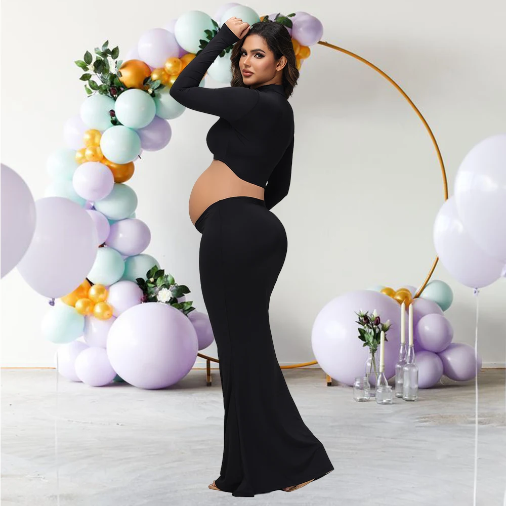 Maternity Mock Neck Long Sleeve Top Slim Maxi Skirt 2 Pcs Set Photoshoot Outfit  Wedding Party Pregnant Clothes