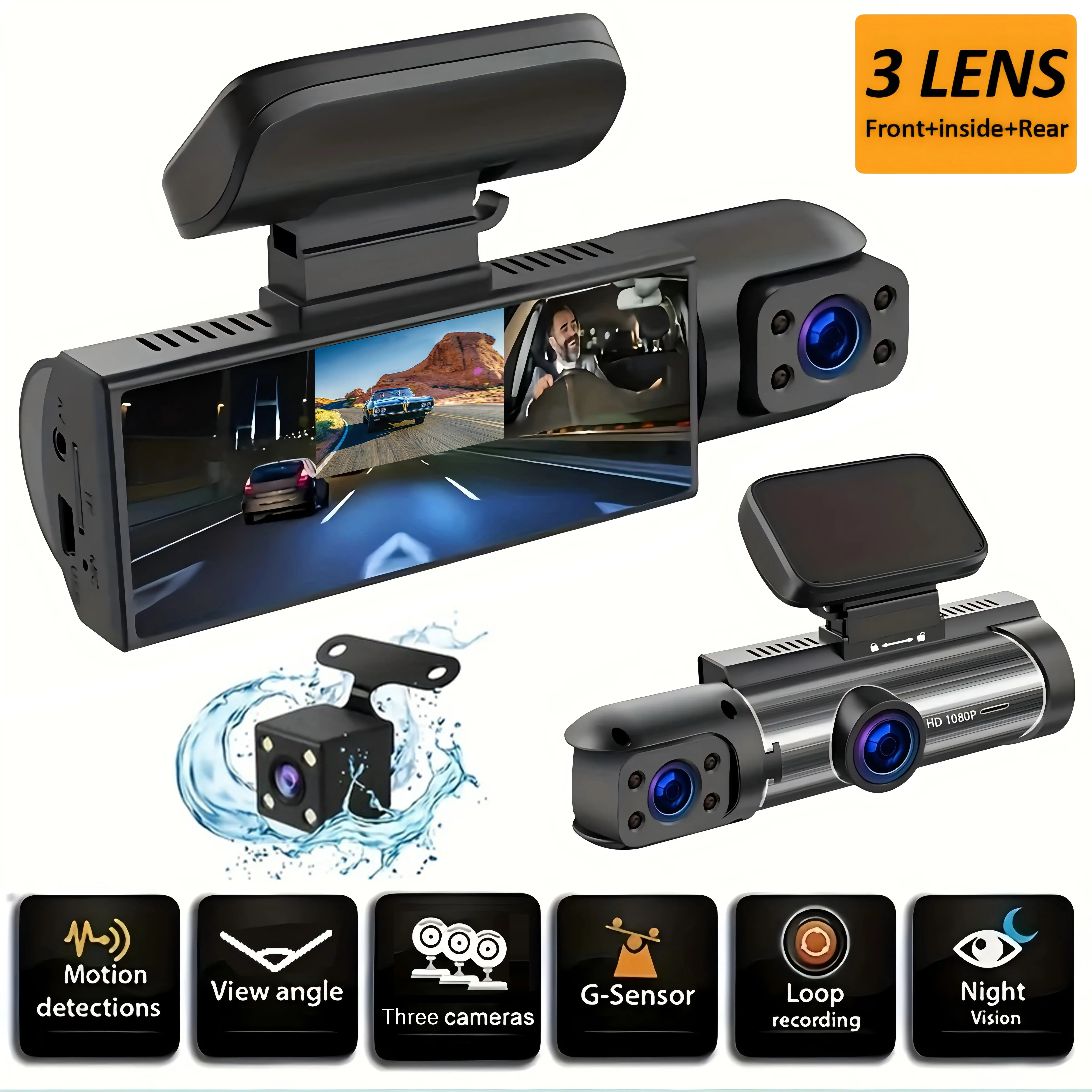 

3 Camera Dash Cam For Car Camera 1080P Video Recorder Car DVR Front Rear View Camera Night Vision Black Box Car Accessories