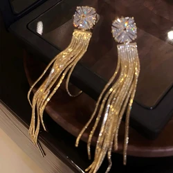 2025 New Luxury Zirconia Crystal Long Tassel Drop Earrings For Women Gold Color Elegant Bridal Earrings Party Jewelry Oorbellen