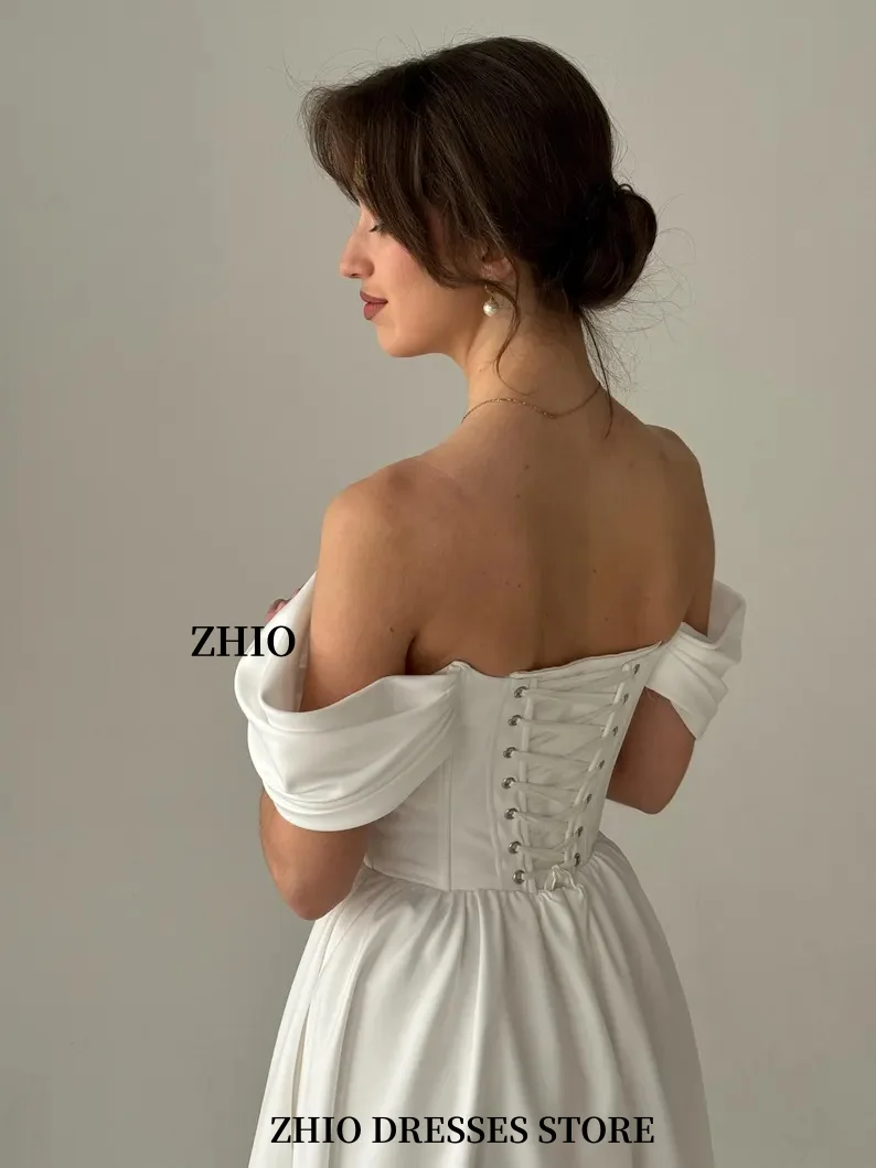 ZHIO หรูหราซาติน A-Line ชุดแต่งงานมินิการ์ดสีขาว Backless พับชุดเจ้าสาวชายหาดฤดูร้อนชุดแต่งงานที่กําหนดเอง