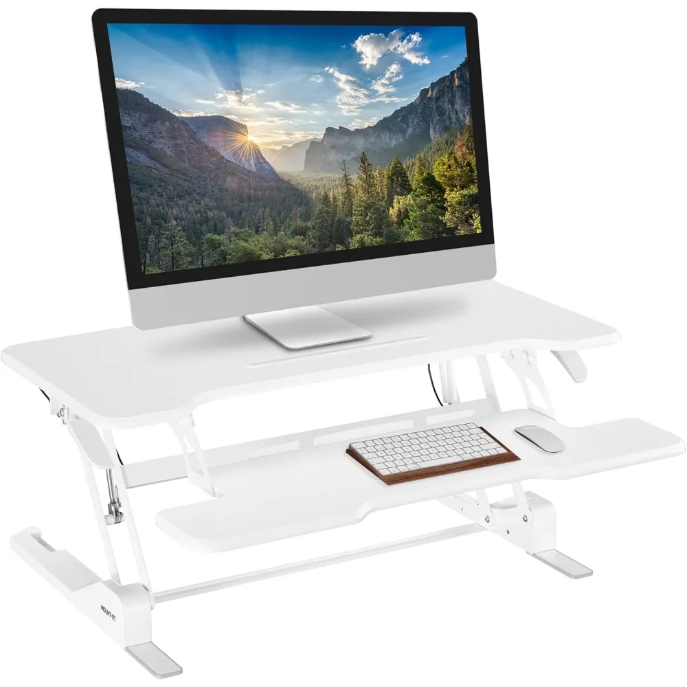 

Standing Desk Converter White 38” Wide Height Adjustable Stand Up Desk Riser, Desk Topper with Gas Spring