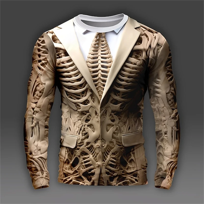 3D Print Skeleton Skulls Pattern T Shirts Men Long Sleeve Casual Fashion T-shirt Top Sweatshirt Breathable Streetwear Loose Tees