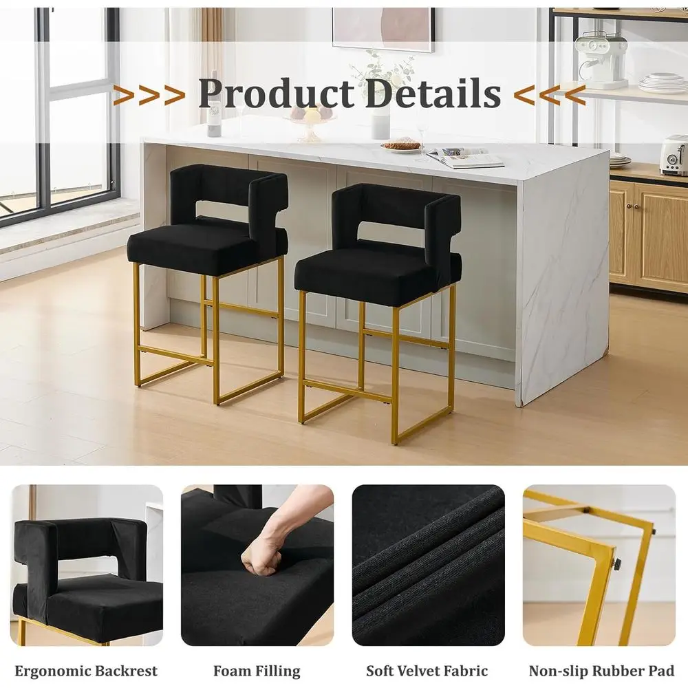 Set of 2 Velvet Upholstered Counter Height Bar Stools with Backs and Arms, Black & Gold Legs - view 5