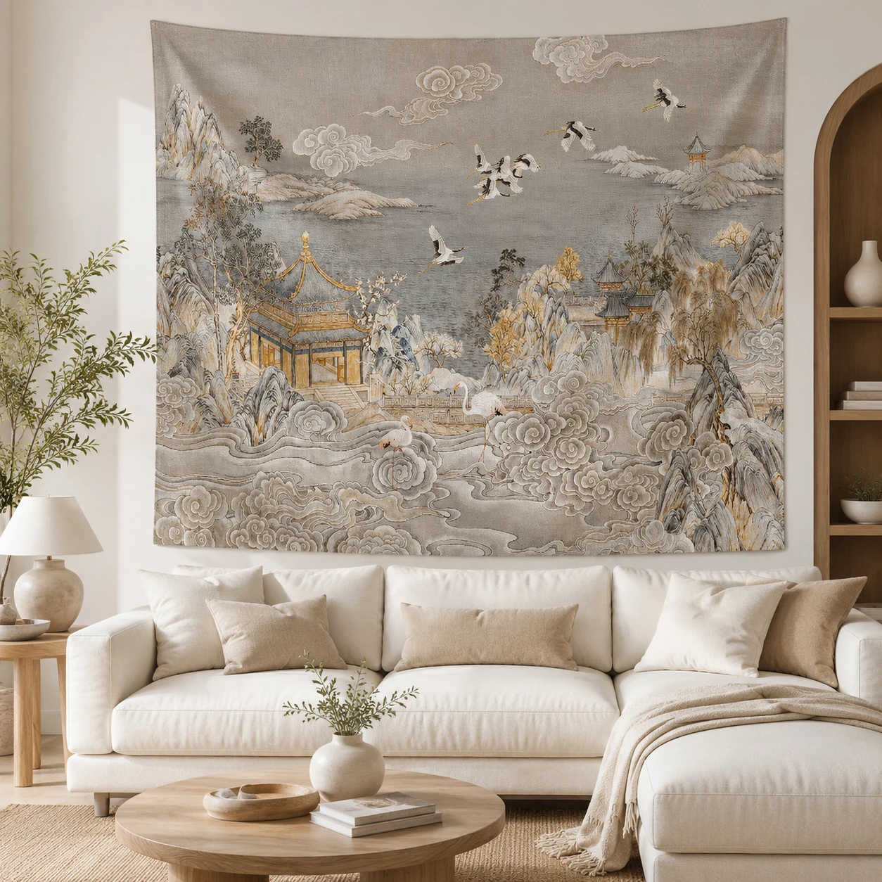Vintage Chinese Red-crowned Crane Tapestry Oriental Mountain Palace Scenery Wall Art, Neutral Asian Style Room Decor