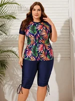Plus Size Women Summer Beach Tropical Print Rashguard Set - Image 4