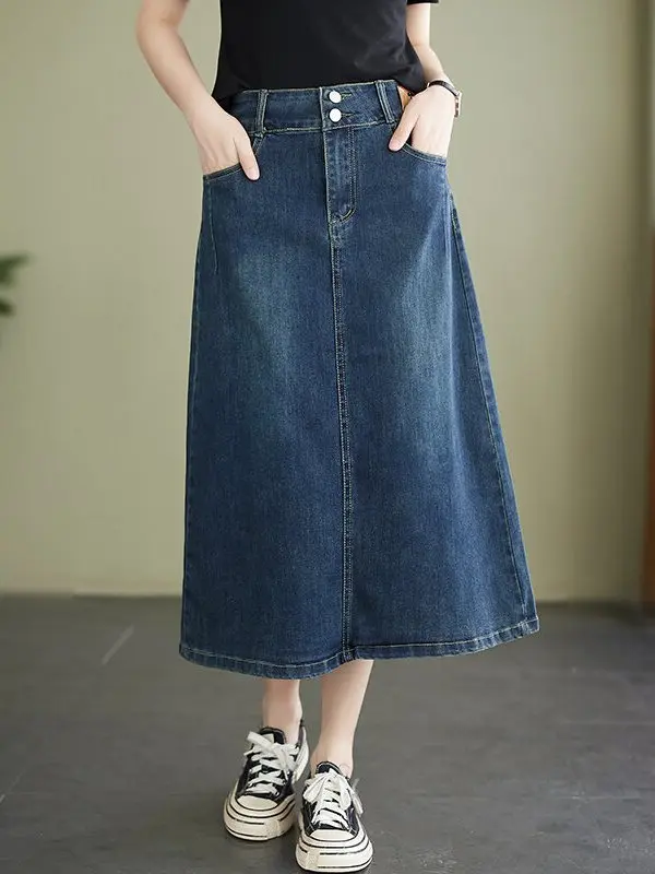 

High Waist A-Line Skirt Denim Wrap around Split Spring Autumn Women's Faion Versatile Mid-Length Jeans Skirts