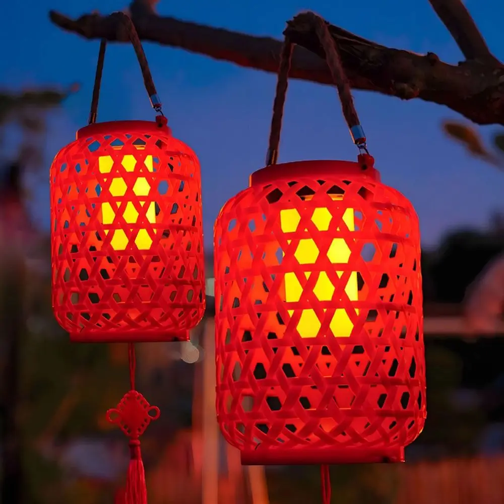 

Hanging Tree Solar Red Lantern With Chinese knot Atmosphere Imitation Bamboo Lantern ABS Retro Spring Festival Red Lantern
