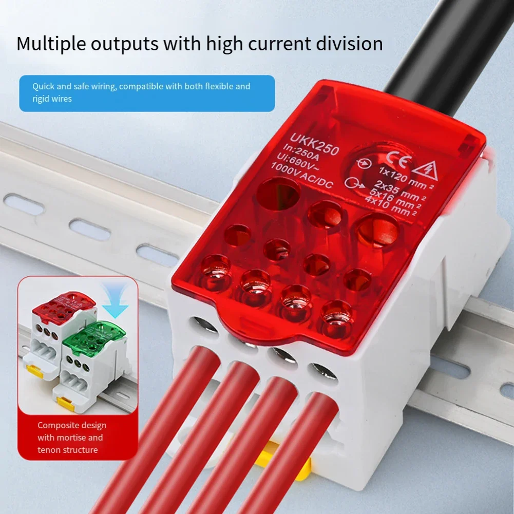 Compact DIN Rail Connector Flame Retardant 69.2*45.9*29.5mm Din Rail Junction Box 1-in 6-out Configuration AC 690V 80A Rating
