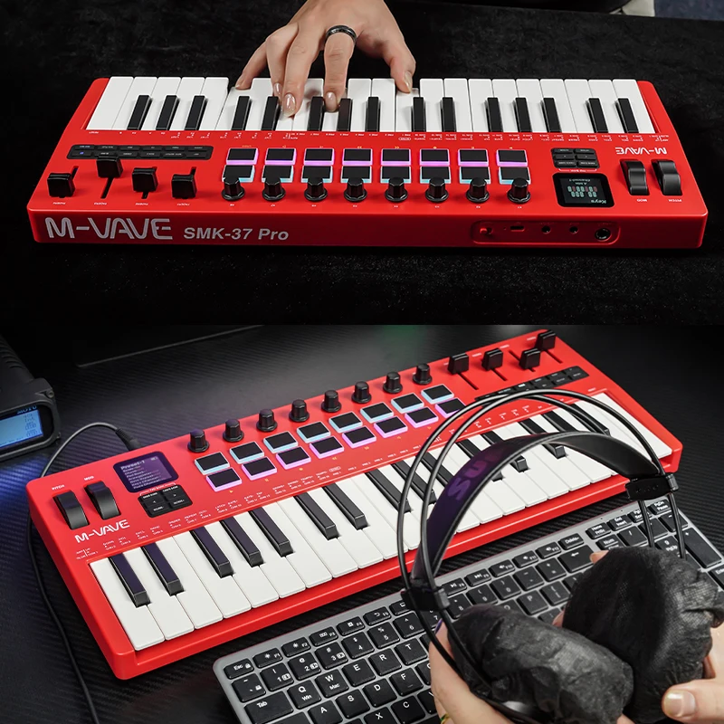 M-VAVE SMK-37 PRO 37키 USB MIDI 컨트롤러 (16개 RGB 패드 및 8개 노브 포함)는 WINDOWS, MAC, IOS, Android 소프트웨어 작동을 지원합니다.