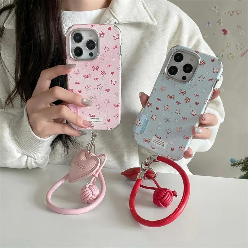 

Korean Cute Star Bow Electroplated Leather Phone Case For iPhone 13 15 16 Pro 14 Pro Max Cute 3D love lanyard For Apple 15 pro