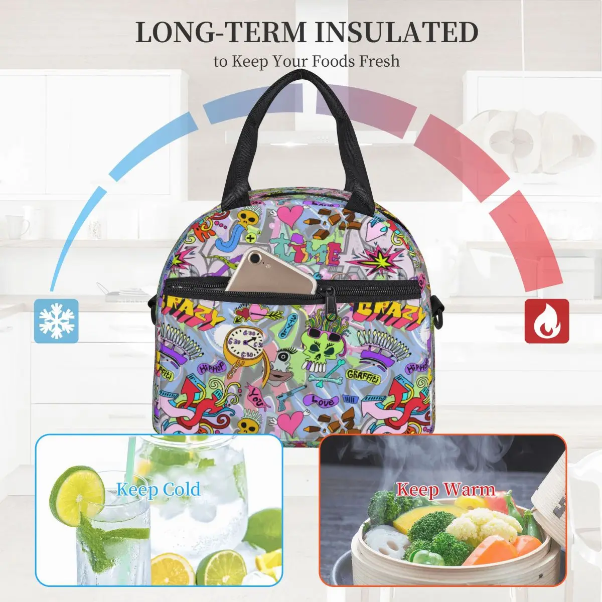 Abstract 80s Alien Hip Hop Style Insulated Lunch Bag With Adjustable Shoulder Strap Storage Food Box Cooler Thermal Lunch Boxes