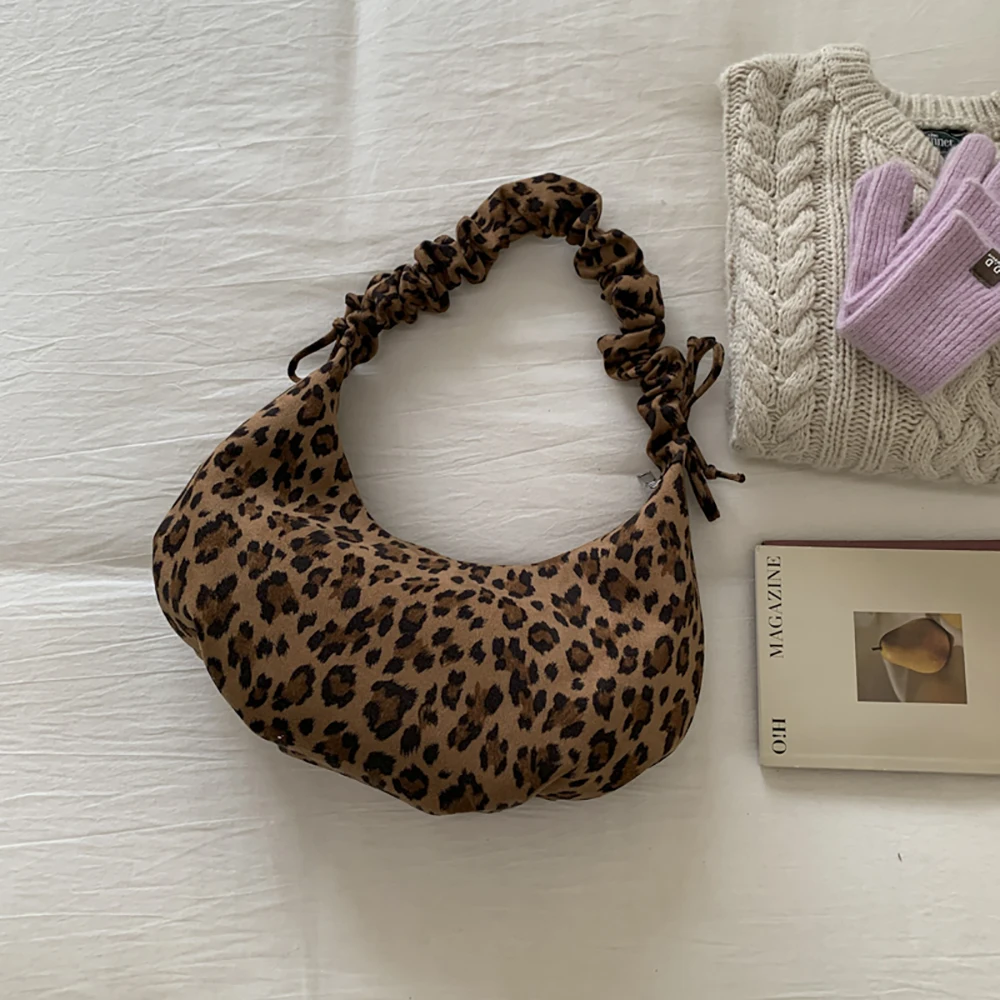 High Grade Suede Leopard Pleated One Shoulder Bag for Women Korean Style Casual Soft Zipper Crossbody Bags Daily Underarm Packs