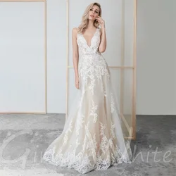 Boho Mermaid Tulle Wedding Dresses customized Lace Applique V Neck Beach Bridal Gowns Sexy Backless Wedding Dress novia vestido